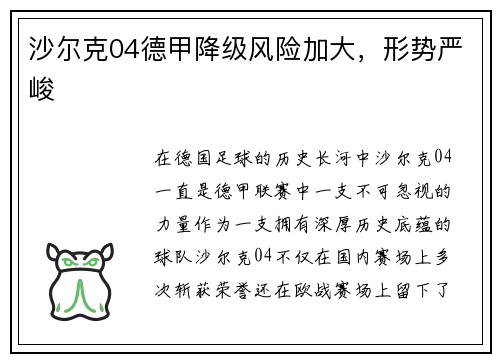 沙尔克04德甲降级风险加大，形势严峻